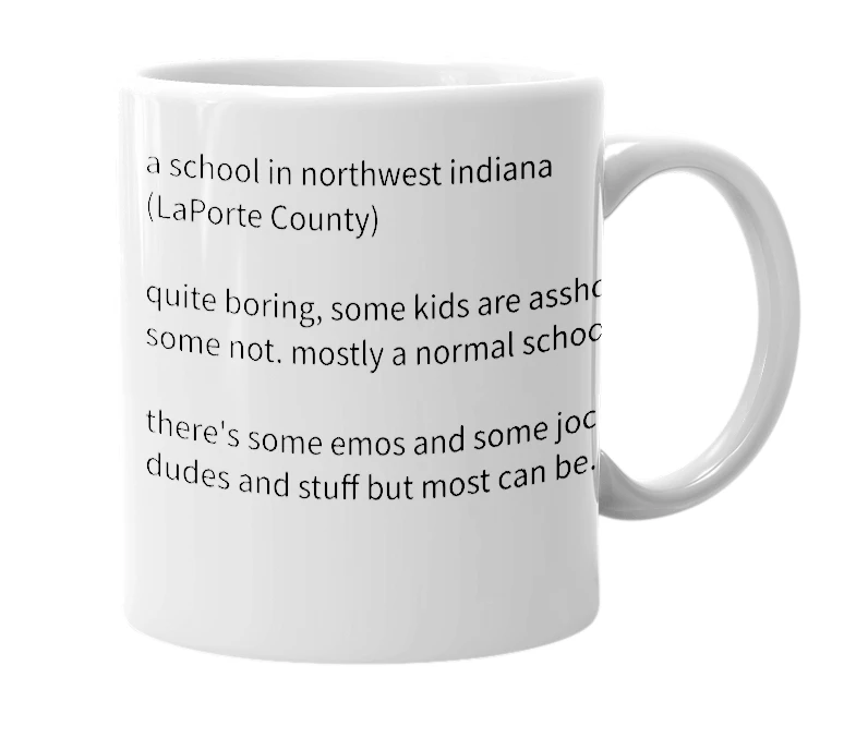 White mug with the definition of 'Westville Middle/High School'