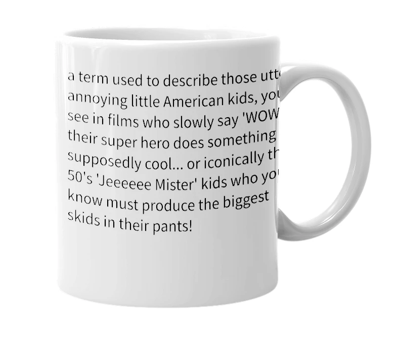 White mug with the definition of 'skiddy kid'