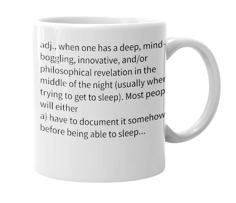 White mug with the definition of 'midnight insight'