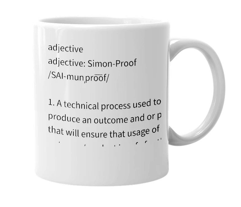 White mug with the definition of 'Simon-Proof'