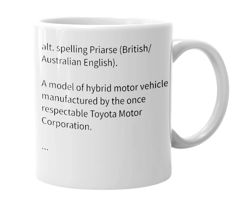 White mug with the definition of 'Priass'