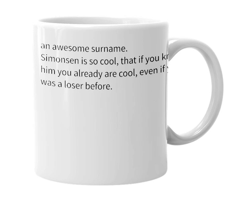 White mug with the definition of 'simonsen'