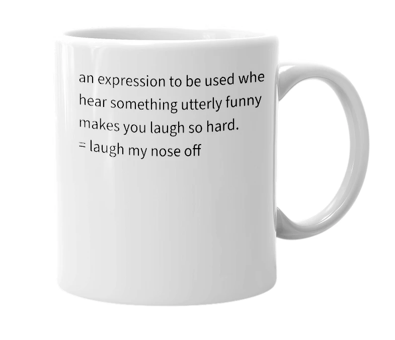 White mug with the definition of 'LMNO'