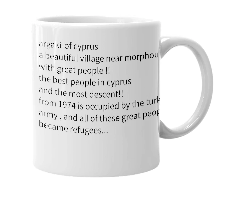 White mug with the definition of 'argaki'