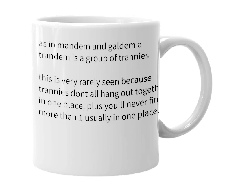 White mug with the definition of 'trandem'