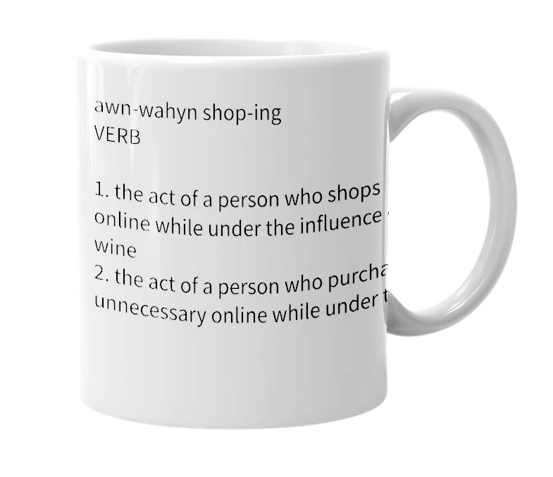 White mug with the definition of 'onwine shopping'