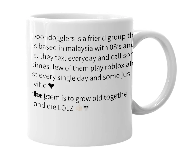White mug with the definition of 'boondogglers'