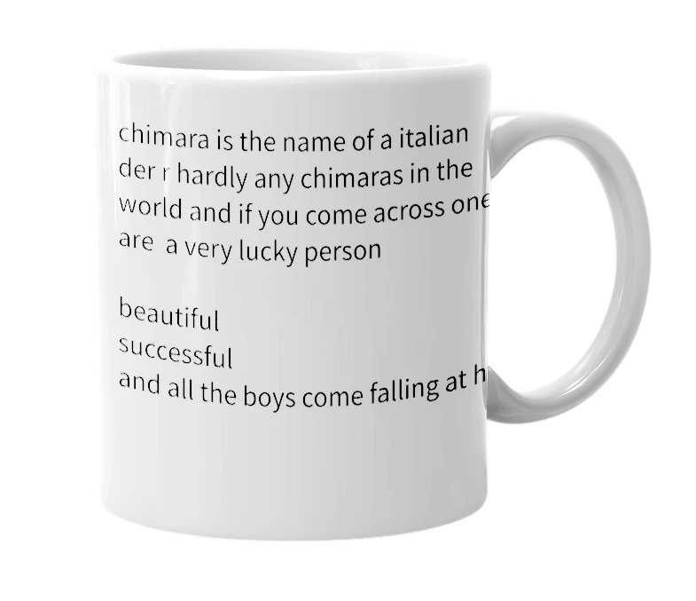 White mug with the definition of 'chimara'