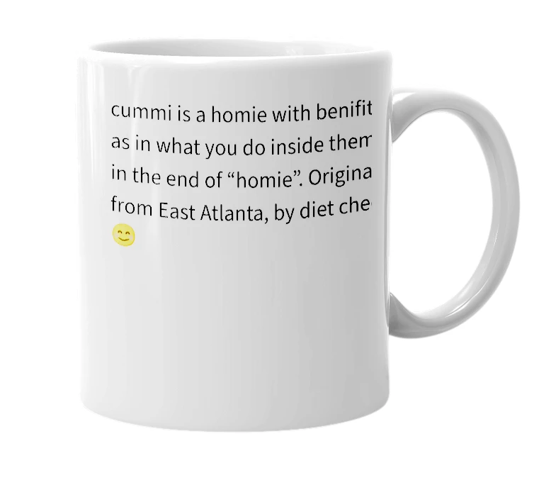 White mug with the definition of 'cummi'