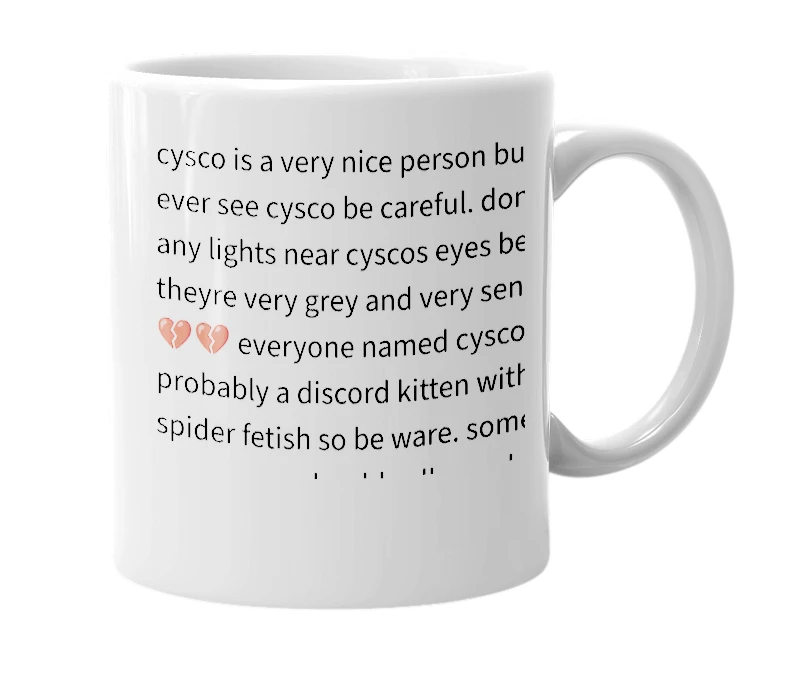 White mug with the definition of 'Cysco'