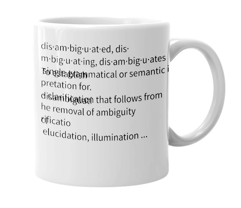 White mug with the definition of 'disambiguous'