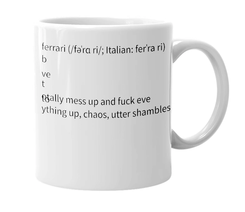 White mug with the definition of 'ferrari'