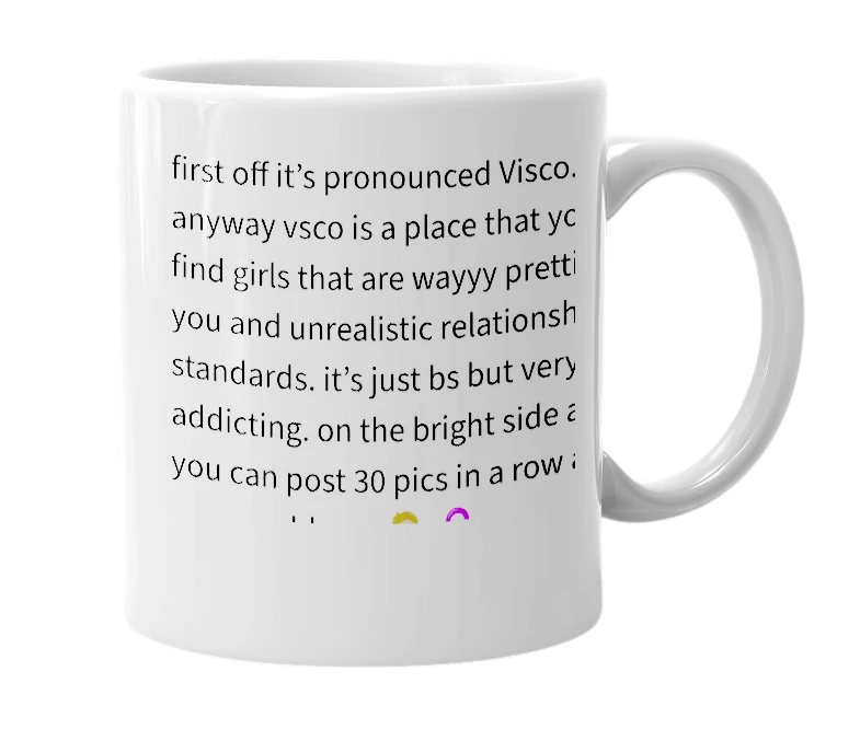 White mug with the definition of 'VSCO'