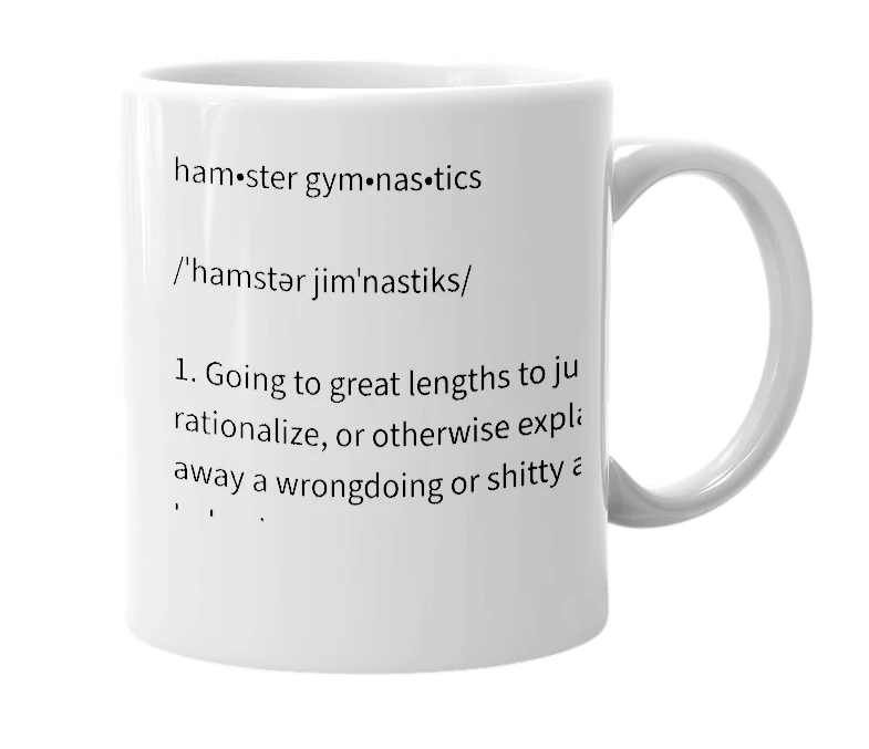 White mug with the definition of 'hamster gymnastics'