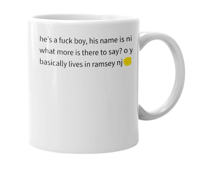 White mug with the definition of 'Nick M'