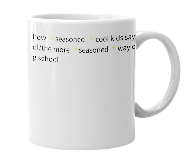 White mug with the definition of 'schooo'