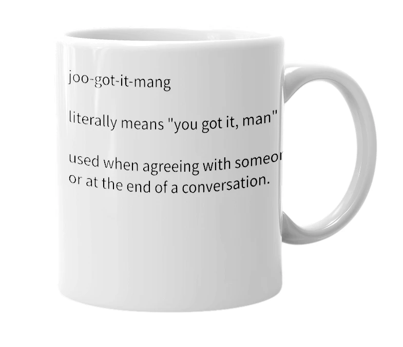 White mug with the definition of 'jugotitmang'
