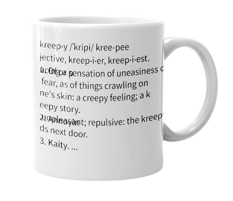 White mug with the definition of 'kreepy'