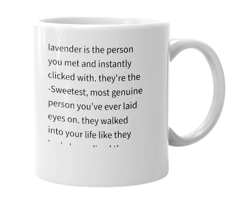 White mug with the definition of 'lavender'