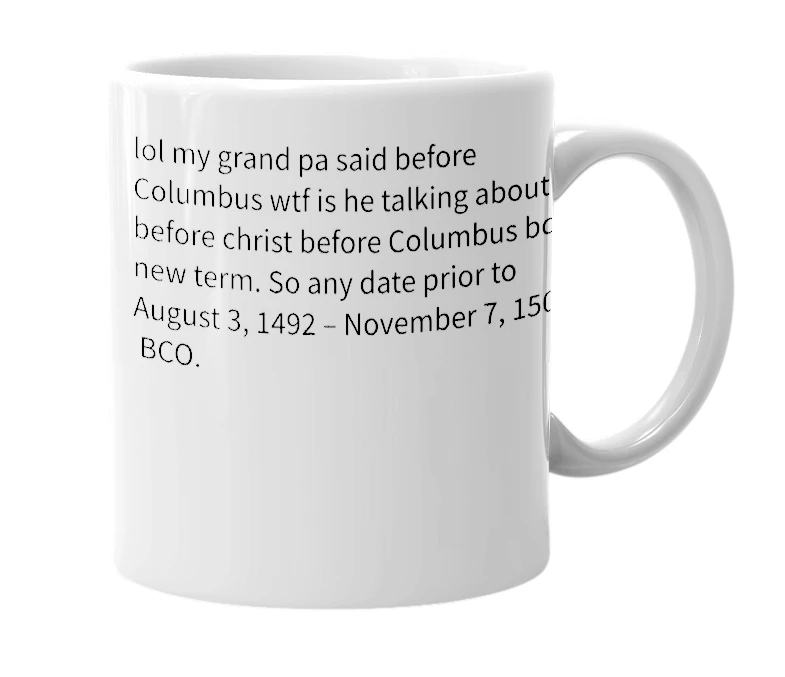 White mug with the definition of 'BCO.'