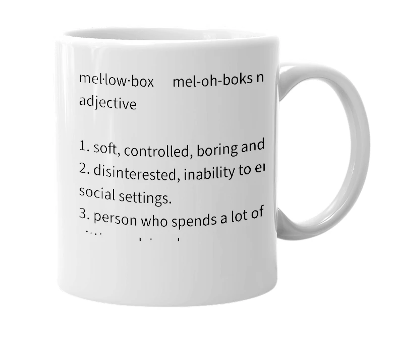 White mug with the definition of 'Mellowbox'