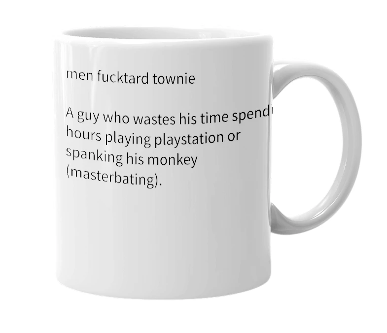 White mug with the definition of 'monkey spank'