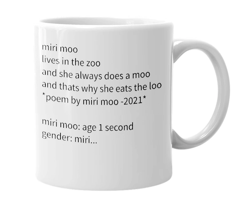 White mug with the definition of 'miri moo'