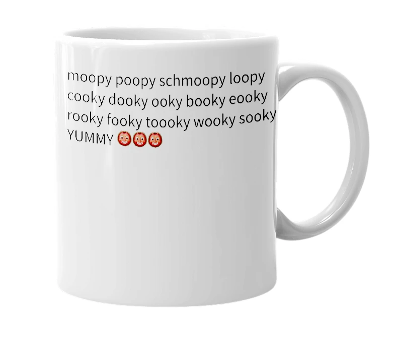 White mug with the definition of 'moopy poopy'