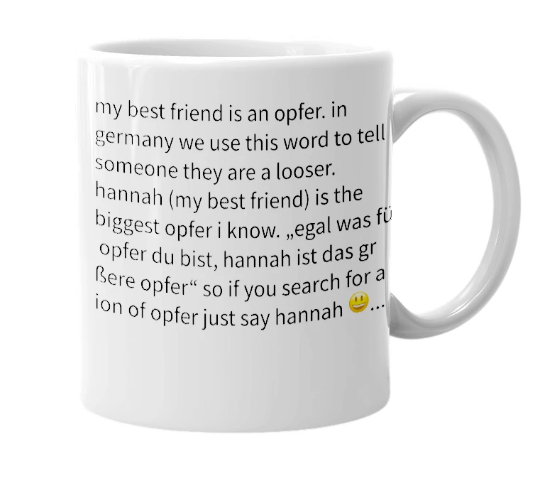 White mug with the definition of 'opfer'