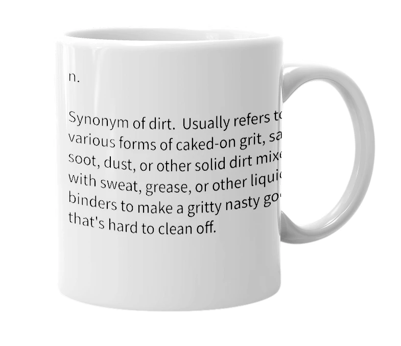 White mug with the definition of 'grime'