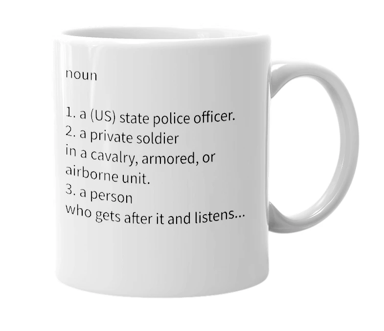 White mug with the definition of 'trooper'