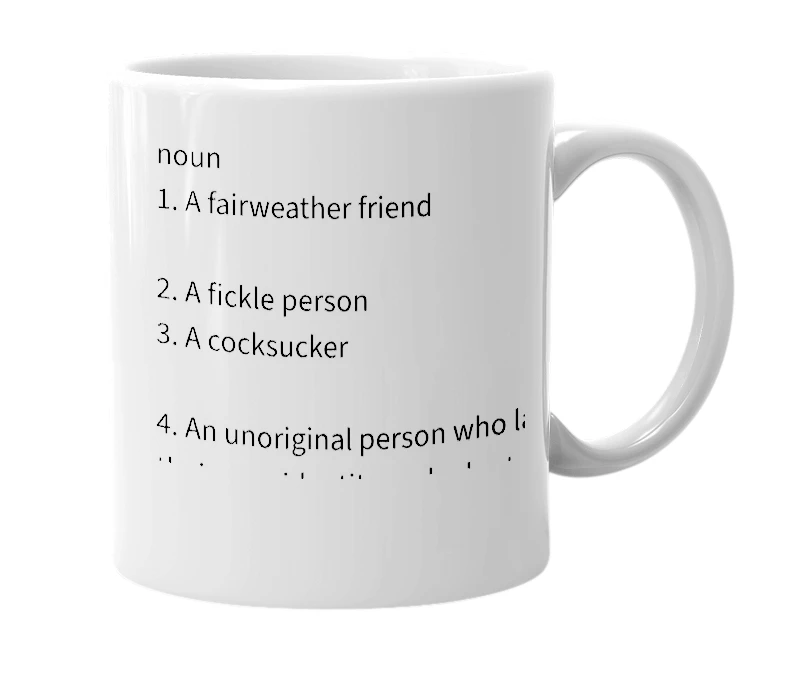 White mug with the definition of 'Ficklecock'