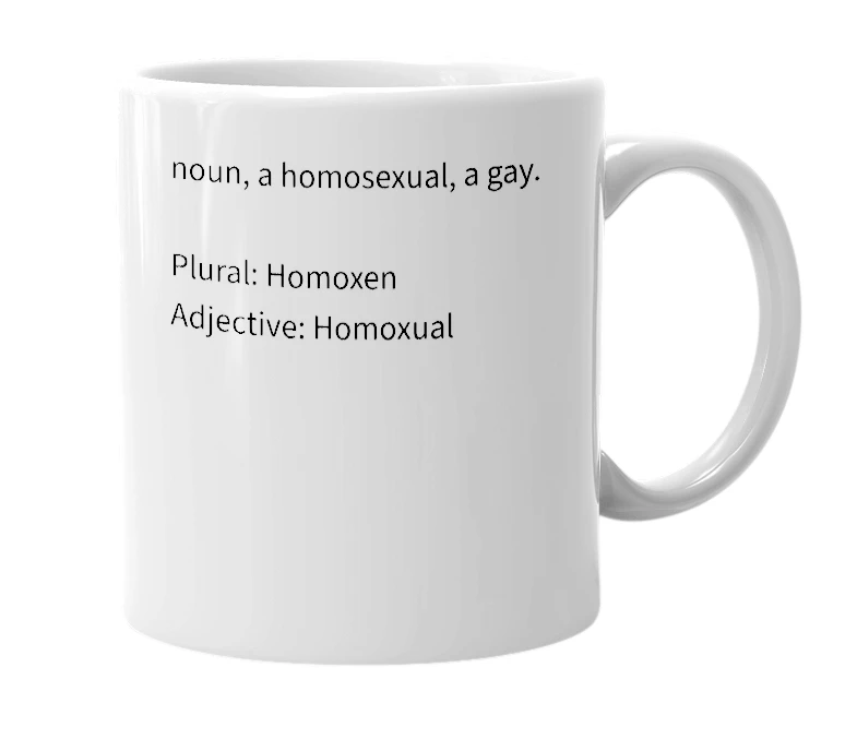 White mug with the definition of 'homox'