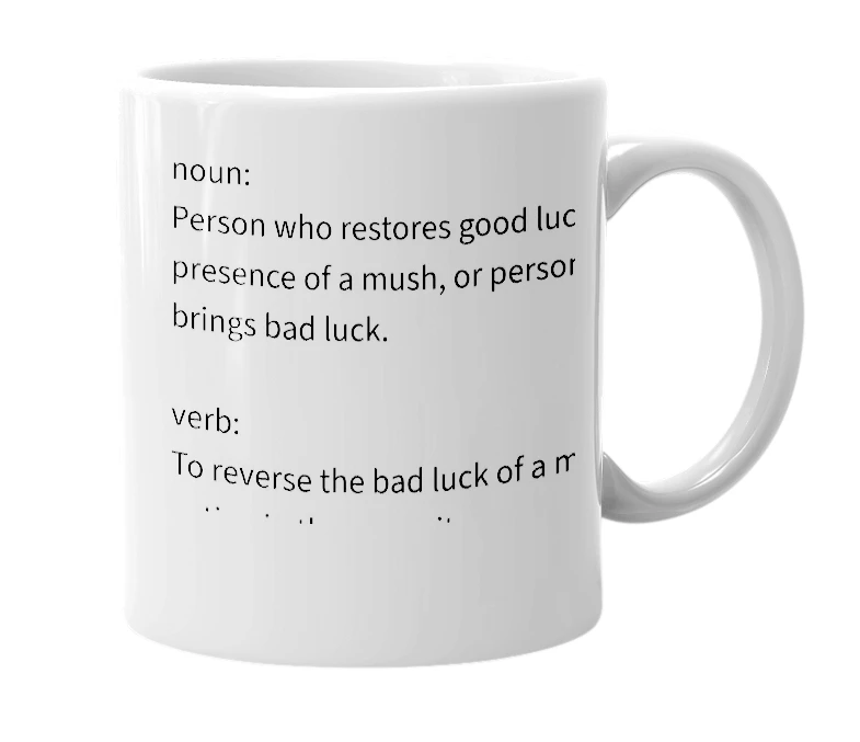 White mug with the definition of 'reverse-mush'