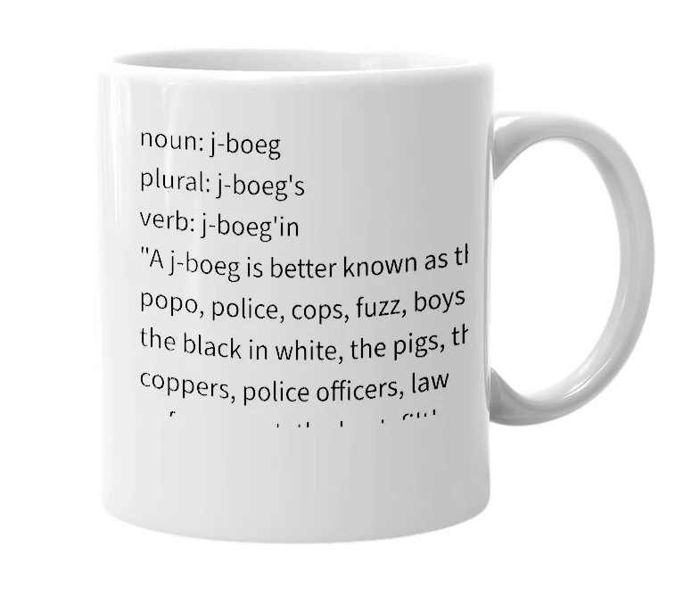 White mug with the definition of 'j-boeg'