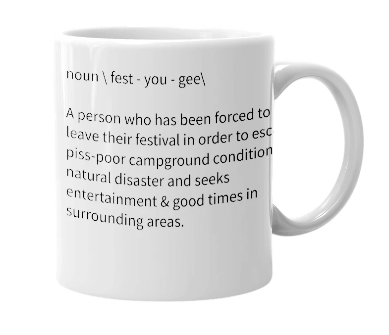 White mug with the definition of 'phestugee'