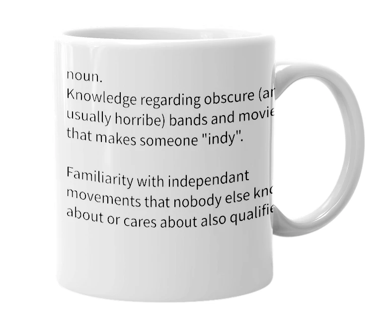 White mug with the definition of 'indy cred'