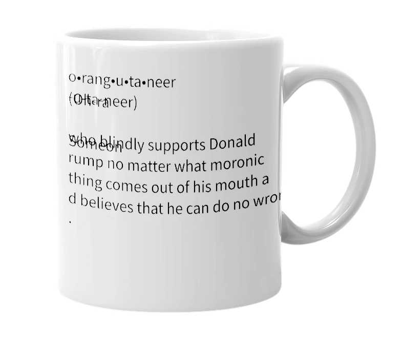 White mug with the definition of 'Orangutaneer'