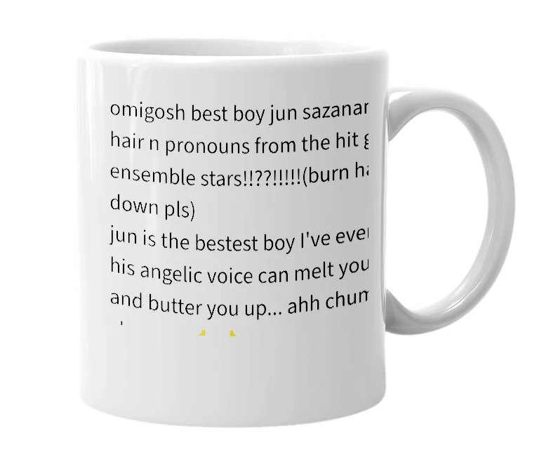 White mug with the definition of 'Jun Sazanami'
