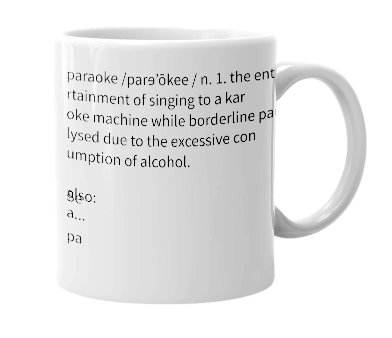 White mug with the definition of 'Paraoke'