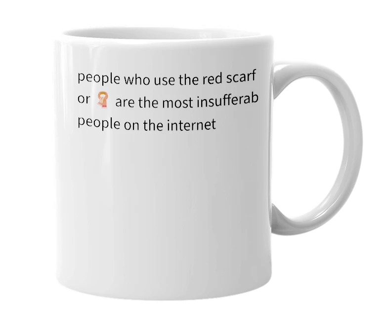 White mug with the definition of 'red scarf emoji'
