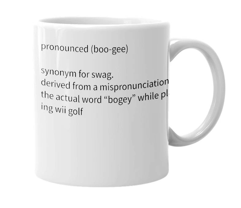 White mug with the definition of 'bogey'