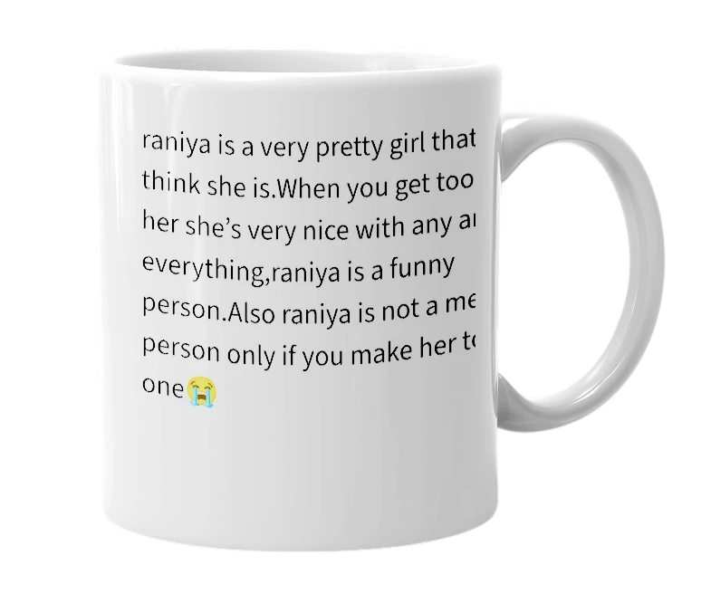 White mug with the definition of 'Raniya'