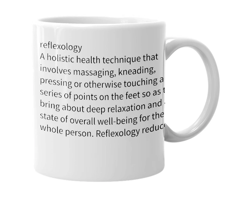 White mug with the definition of 'Reflexology'