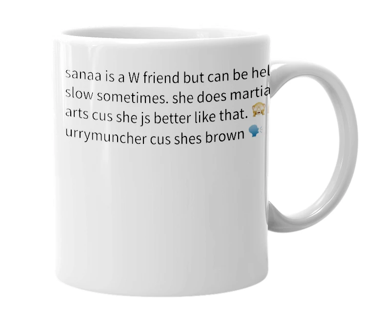 White mug with the definition of 'sanaa jadhav'