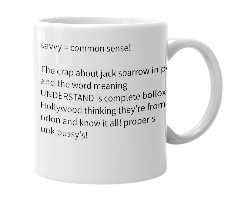 White mug with the definition of 'savvy'