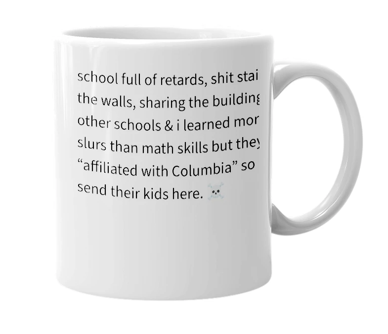 White mug with the definition of 'Columbia secondary school'