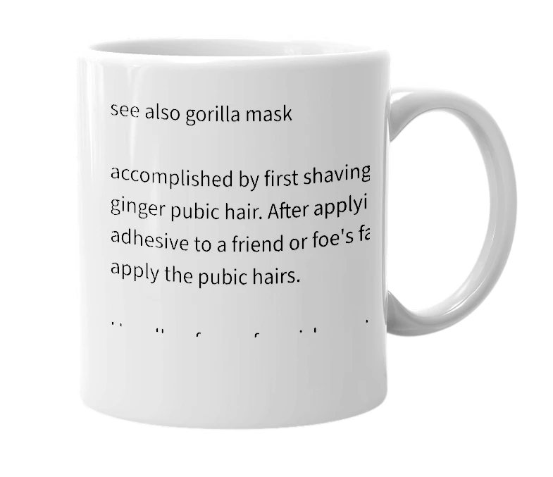 White mug with the definition of 'Orangutan mask'