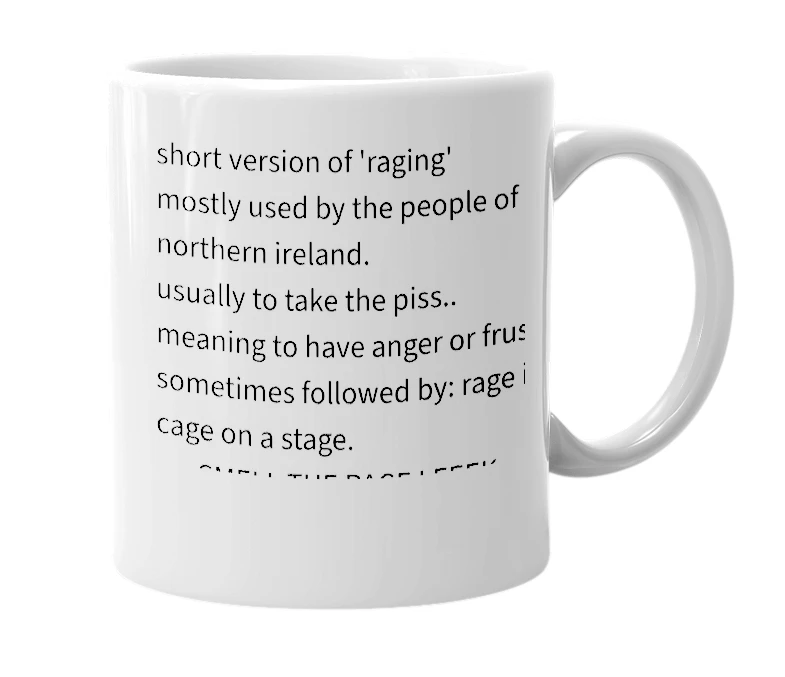 White mug with the definition of 'rage'