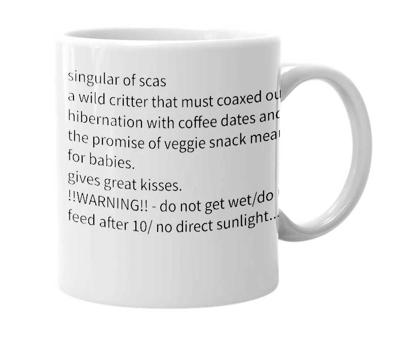 White mug with the definition of 'sca'